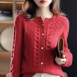 Round Neck Pure Wool Knit Cardigan Women's Long Sleeve Casual Simple