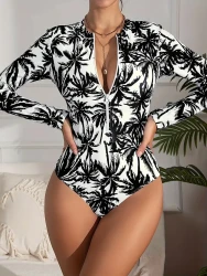 Womens One-Piece Tropical Coconut Trees Print Swimsuit - Long Sleeve, High Stretch, Removable Padded, Zipper Front, Sun Protective, Casual Beach Bathing Suit with Spandex Lining and Knit Fabric