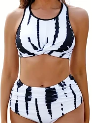 Round Neck Ruched Tankini Sets, High Waist High Cut Two Pieces Swimsuit, Women's Swimwear & Clothing