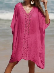 Crochet Hollow Out Batwing Sleeve Cover Up Dress, Plain White Loose Fit Elegant Beach Kaftan, Women's Swimwear & Clothing For Holiday