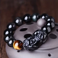 Black Obsidian Bracelet Feng Shui Black Obsidian Wealth Bracelet For Women Men Stretch Obsidian Bracelet Bangle With Pixiu Tiger Eye Stone Attract Wealth Money And Good Luck