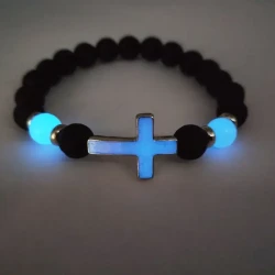 Volcano Stone Night Glow Retro Bracelet, Multi Color Glowing Cross Bead Jewelry For Men