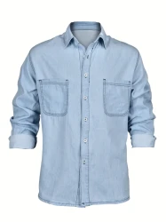 Men's Classic Lapel Denim Shirt - Casual Long Sleeve Button-Up with Pockets, Regular Fit for Spring & Fall