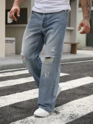 Loose Fit Ripped Denim Pants For Men, Trendy Leisure Jeans For Males, Men Clothing