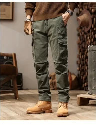 Mens Stylish Straight Leg Trousers with Roomy Pockets - Comfortable High Waist Elastic Design for Casual Outdoor Adventures