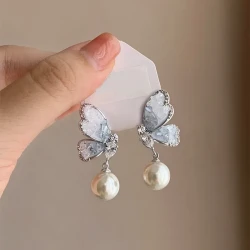 Gradient Butterfly Pearl Earrings With Rhinestones Earrings For Women