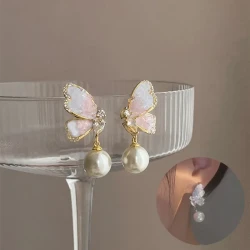 Gradient Butterfly Pearl Earrings With Rhinestones Earrings For Women