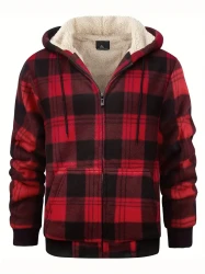 Classic Design Plaid Pattern Men's Hooded Long Sleeve Zip Up Fleece Jacket, Casual And Trendy Hoodie Jacket For Autumn And Winter Daily Outerwear