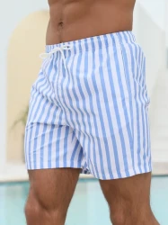 Men's Contrast Color Stripe Pattern Board Shorts With Drawstring And Pockets, Chic And Classic Shorts For Summer Beach Vacation And Daily Wear