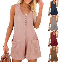 Casual Waffle Button Jumpsuit With Pockets Fashion Summer Womens Clothing