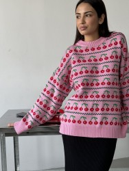 Round Neck Cherry Sweater Mid-length Retro