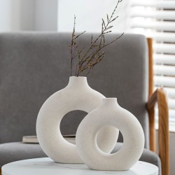 Nordic Circular Hollow Ceramic Donut Vase - Elegant Flower Pot for Home, Living Room, Office, and Desktop Decor