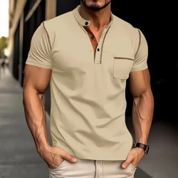 Mens Stripe Henley Shirt with Patchwork Pocket - Lightweight & Breathable Summer Top, Chic Casual Style for Outdoor Adventures