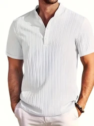 solid color mens short sleeve stand collar henley shirt with stripe pattern fabric chic and trendy tops for summer daily wear and vacation resorts details 0solid color mens short sleeve stand collar henley shirt with stripe pattern fabric chic and trendy