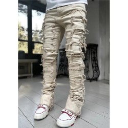 Men Trousers Individual Patched Pants Long Tight Fit Stacked Jeans