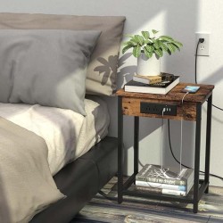 Modern Nightstand with Charging Station - Bedroom End Side Table with USB Ports and Outlets, 2-Tier Bedside Table, Record Player Stand