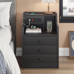 Black Nightstand with Charging Station - 3 Drawers Wood Sofa End Side Table with USB Ports and Outlet