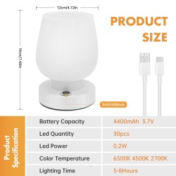 Rechargeable Bedside Table Lamp - Button Control Reading Light with 3 Color Modes for Living Room, Dining Room, Bedroom Decoration