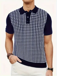 Mens Classic Houndstooth Knit Shirt - Soft, Breathable & Stylish - Short-Sleeve Button-Up Lapel Top for Casual Summer Wear