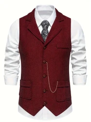 Vintage Herringbone Mens Dress Waistcoat - Fashionable One-Button Closure, Sophisticated Notch Lapel - Perfect for Professional Gatherings, Wedding Events, and Special Occasions