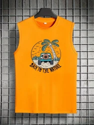 Men's Trendy Hawaiian Crew Neck Graphic Tank Top With Fancy Print, Men's Sleeveless Vest, Perfect For Summer Vacation And Casual Wear