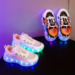 Boys Trendy Light Up Breathable Mesh Striped Platform Sneakers With Rotate Button, Children's Casual Outdoor Walking Shoes