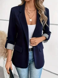 Elegant Long Sleeve Blazer - Classic Single-Breasted Design with Stylish Label Neck Detail, Perfect for Professional Office Settings