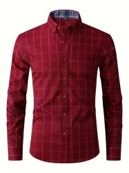 Plaid Design Men's Formal Long Sleeve Shirt, Men's Button Up Shirt For Business Formal Occasions