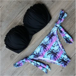 Women's Tropical Bandeau Bikini Set - Palm Print Two-Piece Swimsuit