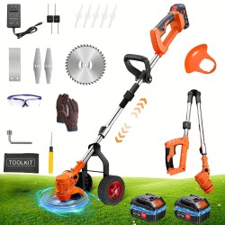 Electric Weed Wacker with Wheels Stringless Grass Trimmer, 4-in-1 Electric Weed Eater/Edger/Bush Trimmer/Mower, Length & Angle Adjustable Weed Trimmer with 2Pcs 21V/2000mAh Battery