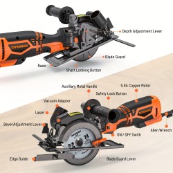 MCS01A Circular Saw, 5.8A 4-1/2" Circular Saw W/Laser, Metal Auxiliary Handle, 6 Saw Blades (4½", 4¾"), Cutting Depth 1-11/16" (90°), 1-3/8" (45°), Ideal For Wood, Soft Metal, Plastic, Tile