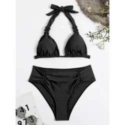 Chic High-Waist Bikini Set with Bow-Tie Halter