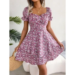 Women Mini Dress Temperament Big Swing Loose Hem Flower Print Shirring Dress Up Short Sleeves High Waist Summer Dress Clothes