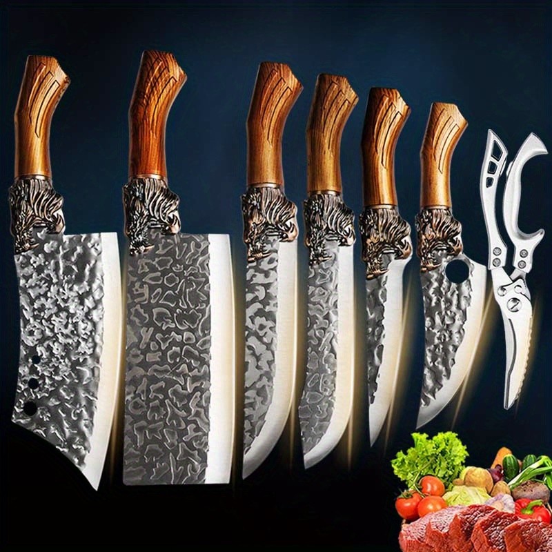 7-Piece Handmade Forged Knife Professional Kitchen Chef Knife Set Stainless Steel Chef Knife, Utility Knife, Boning Knife, Cutting Knife, Fish Knife, Butcher Knife, Kitchen Scissors