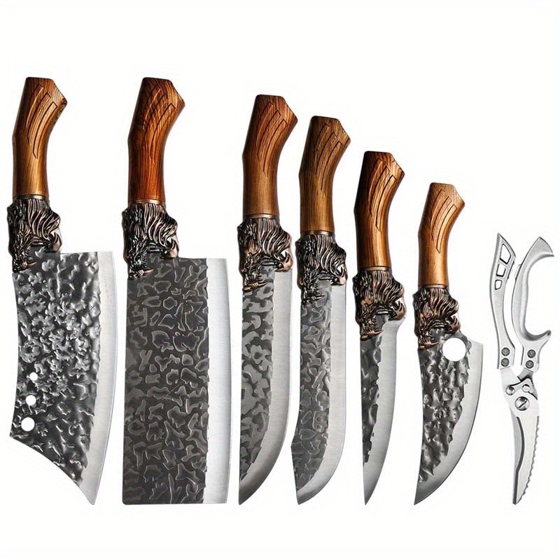 7-Piece Handmade Forged Knife Professional Kitchen Chef Knife Set Stainless Steel Chef Knife, Utility Knife, Boning Knife, Cutting Knife, Fish Knife, Butcher Knife, Kitchen Scissors