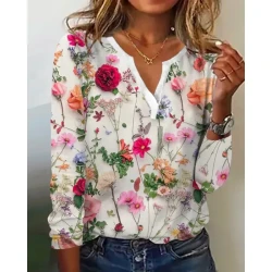 Women's Printed V-neck Long-sleeved T-shirt Top