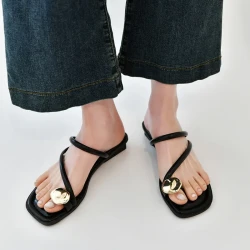 Women's Chunky Heel Small Golden Button Toe Covering Outdoor Slippers