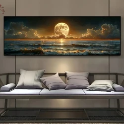 Classic Retro Farmhouse Style Moonlit Sea Landscape Canvas Poster Art Print