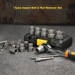 15pcs Nut Extractor Set, 13pcs Bolt and Nut Remover Kit, 1pc Iron Bar, 1pc 1/4'' to 3/8'' Drive Hexagonal Socket Adapter