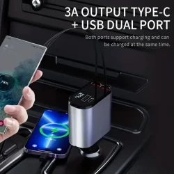 Type-C 4-in-1 Mobile Phone Car Charger - Dual USB PD Fast Charging Adapter with Voltage Display